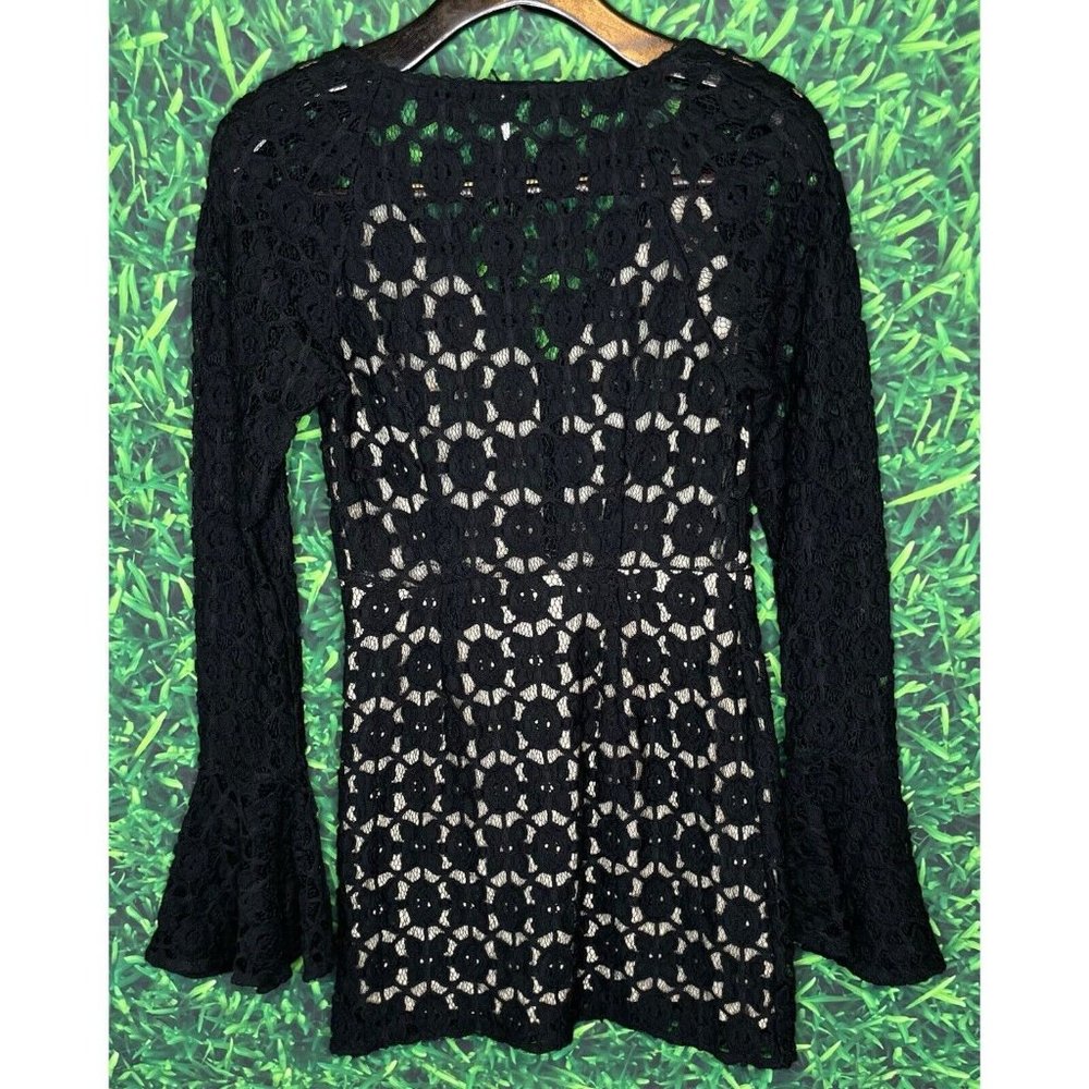 Free People Back to Black Lace Nude Bell Sleeve Mini Dress Size 0 OB545451 - Picture 3 of 5